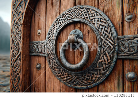 Ancient wooden door with metal ring and celtic decoration showing nordic craftsmanship 130295115