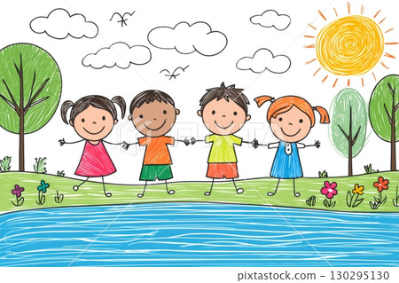 Happy children holding hands in a colorful drawing of a sunny day 130295130
