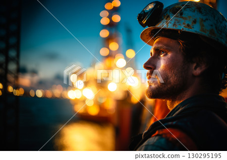 A man in a hard hat is looking out over the water A man in a hard hat is looking out over the water 130295195