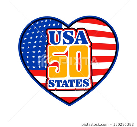 USA 50 states vintage Y2K sticker or patch. American nation country retro vector sticker, USA travel heart shaped label. United States of America flag colors Y2K tag or patch with stars and stripes 130295398