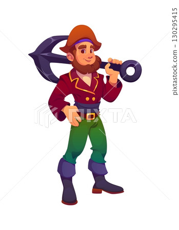 Cartoon medieval pirate and corsair character with big anchor and tricorn hat. Vector male sailor or captain personage with beard and friendly expression, standing with heavy armature on shoulder Cartoon medieval pirate and corsair character with big anchor and tricorn hat. Vector male sailor or captain personage with beard and friendly expression, standing with heavy armature on shoulder 130295415
