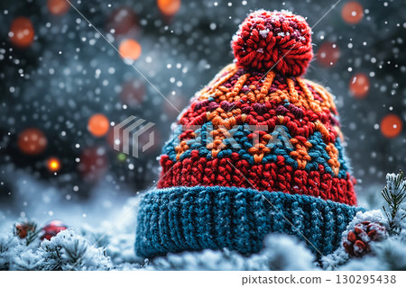 Handcraft vibe. Winter knitted hat with a Christmas tree pattern on a winter background. Christmas atmosphere. Creative hobby. Handcraft vibe. Winter knitted hat with a Christmas tree pattern on a winter background. Christmas atmosphere. Creative hobby. 130295438