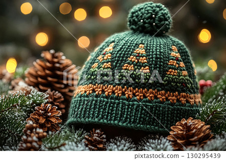 Crisp details. Handwork. Winter knitted hat with a Christmas tree pattern on a winter background. Christmas atmosphere. Creative hobby. Crisp details. Handwork. Winter knitted hat with a Christmas tree pattern on a winter background. Christmas atmosphere. Creative hobby. 130295439