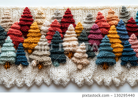 Vintage Vibes. Top view. Crocheted bright Christmas trees on a white background. Christmas atmosphere. Creative hobby. Vintage Vibes. Top view. Crocheted bright Christmas trees on a white background. Christmas atmosphere. Creative hobby. 130295440