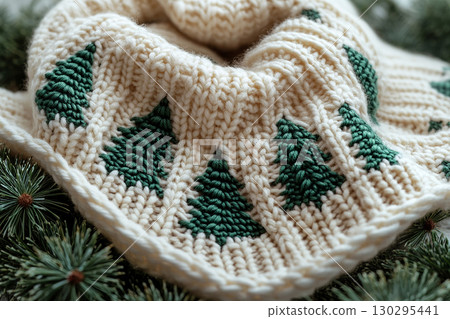 Handcraft. Crisp details. Crocheted bright Christmas trees on a winter background. Christmas atmosphere. Creative hobby. 130295441