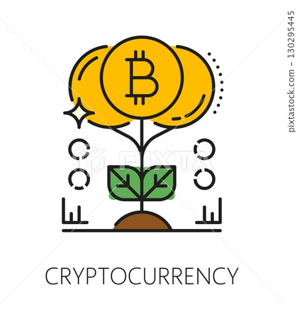 Investment in cryptocurrency, business color line icon or label. Cryptocurrency trade and investment outline vector icon, blockchain technology outline symbol or sign with Bitcoin golden coin plant 130295445