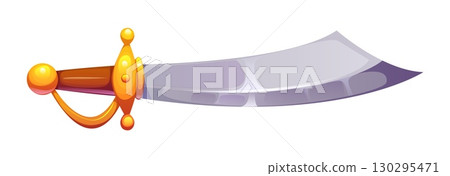 Pirate skipper cartoon blade sword game object. Corsair sailor ancient vector blade, medieval bandit weapon sabre. Pirate privateer fantasy dagger videogame asset with golden crossguard and handle 130295471