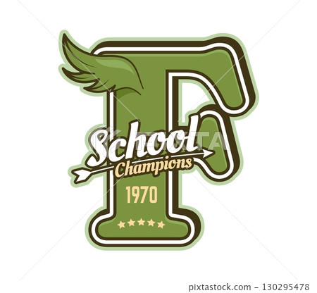 Varsity sport patch label featuring large green letter F with a wing, overlaid with the words School Champions, the year 1970 and a row of stars. Bold, sporty, and nostalgic vintage college emblem Varsity sport patch label featuring large green letter F with a wing, overlaid with the words School Champions, the year 1970 and a row of stars. Bold, sporty, and nostalgic vintage college emblem 130295478