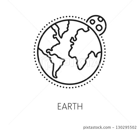 Space Earth planet and astronomy thin line icon. Galaxy outerspace travel thin line vector sign, astronomy exploration outline pictogram. Cosmos research or discovery symbol or space flight icon 130295502