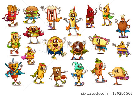 Cartoon groovy fast food characters of retro hippie burger, pizza, hot dog, coffee and soda drinks. Psychedelic groovy takeaway hamburger, burrito, taco and nacho. Fast food ice cream, donut, popcorn 130295505