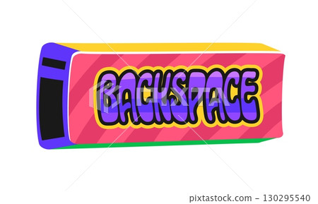 Backspace button Y2K groovy sticker or retro label. Digital technology groovy vector tag, retro PC gadget cartoon sticker. 2000s computer device funky label or patch with computer keyboard button 130295540
