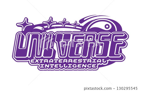 universe extraterrestrial intelligence and space vintage Y2K icon or symbol. Cosmos discovery Y2K vector symbol, galaxy exploration icon. Universe travel sign with comet, stars, retro typography text 130295545