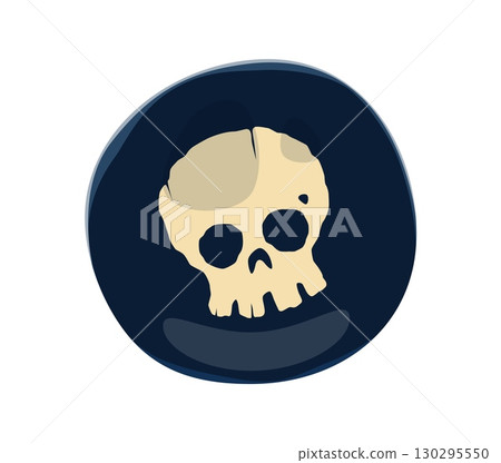 Pirate black spot or mark featuring skull on black circular background. Cartoon vector Caribbean corsairs game icon signify danger, doom, threat or pirate justice for spooky fantasy adventure 130295550