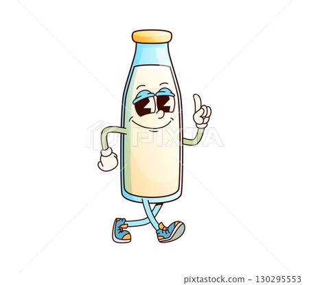 Groovy retro milk drink bottle funny character. Healthy nutrition dairy container isolated vector personage. Natural cream or yoghurt bottle happy mascot. organic milk bottle cute walking character 130295553