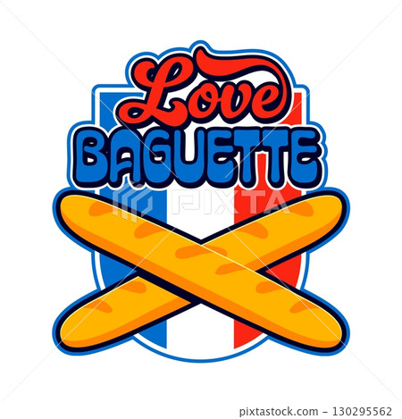 France baguette vintage Y2K sticker or label. France culture 60s 70s vector sticker, European nation flag colors Y2K label. Coat of Arms with two crossed baguettes breads French travel souvenir patch France baguette vintage Y2K sticker or label. France culture 60s 70s vector sticker, European nation flag colors Y2K label. Coat of Arms with two crossed baguettes breads French travel souvenir patch 130295562