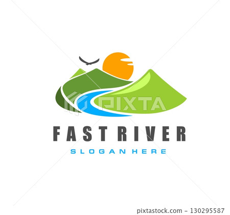 Fast river, road path in high mountains icon. Travel agency company vector sign, brand icon. Nature or hiking park emblem, symbol with eagle flying above mountain peaks, river in valley and sun Fast river, road path in high mountains icon. Travel agency company vector sign, brand icon. Nature or hiking park emblem, symbol with eagle flying above mountain peaks, river in valley and sun 130295587