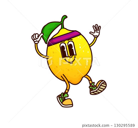 Cartoon groovy lemon fruit cheerful character doing sports. Healthy diet vitamin juice retro vector funny mascot, vegan nutrition happy character. Lemon citrus fruit cheerful personage on fitness Cartoon groovy lemon fruit cheerful character doing sports. Healthy diet vitamin juice retro vector funny mascot, vegan nutrition happy character. Lemon citrus fruit cheerful personage on fitness 130295589