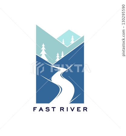 Fast river water road path and mountains icon. Travel agency hiking tour or nature park vector emblem. Company icon or brand symbol with mountain peaks, river or road in valley, spruce trees on hills Fast river water road path and mountains icon. Travel agency hiking tour or nature park vector emblem. Company icon or brand symbol with mountain peaks, river or road in valley, spruce trees on hills 130295590