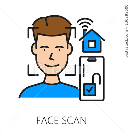 Home security face scan color line icon or sign. House secure access technology lineart vector icon, home protection or safety service sign with man character, smartphone screen and home face scan app 130295600