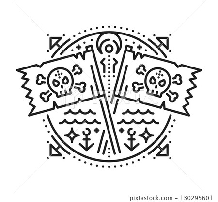 Pirate crossed flags esoteric line symbol. Pirate marine esoteric outline vector print, corsair magic thin line tattoo. Buccaneer nautical sign, sacred linear symbol with Jolly Roger skull flags 130295601