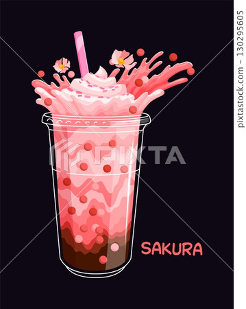 Cartoon sakura milk bubble tea drink glass with splash. Takeout bubble tea beverage vector cup, fast food smoothie cup. Street cafe boba drink with sakura bloom flower, pink milk splash and straw 130295605