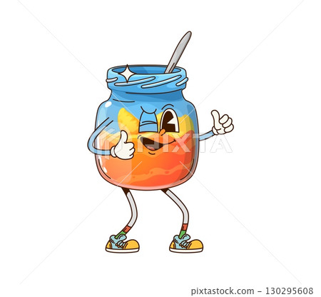 Cartoon groovy honey dessert jar funny character. Opened glass jar or bottle with honey and spoon funny groovy character. Natural sweet jam dessert, honeybee apiary product cartoon isolated personage 130295608