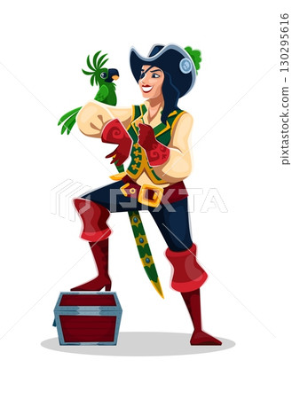 Cartoon woman pirate queen and corsair character with saber and parrot perched on her arm and one foot on a treasure chest, her eyes gleaming with adventure and fun. Fierce filibuster girl personage 130295616