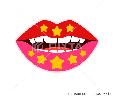 Woman lips Y2K groovy sticker or vintage symbol. Funny cute cartoon vector patch or tag. Vintage 60s groovy sticker or retro 80s Y2K label with woman opened mouth lips decorated golden stars Woman lips Y2K groovy sticker or vintage symbol. Funny cute cartoon vector patch or tag. Vintage 60s groovy sticker or retro 80s Y2K label with woman opened mouth lips decorated golden stars 130295618