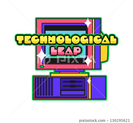 Retro PC computer Y2K groovy sticker or hippie tag. PC hardware 60s groovy vector label, retro digital device sticker. Electronics tag with CRT screen or monitor, technological leap text typography 130295621