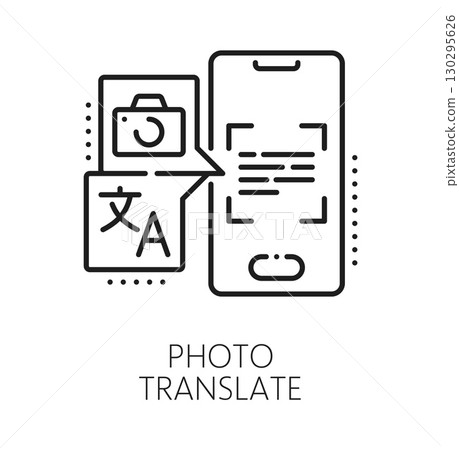 English language photo translation line icon or sign. Foreign speech vocabulary vector symbol, English language translate sign. Language translation icon with text app interface on smartphone screen 130295626