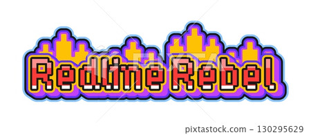 Automobile speed race redline rebel retro Y2K sticker or symbol. Formula 1 championship vintage vector sticker, speed racing grand prix patch. Race tag with pixelated fire flames and typography 130295629