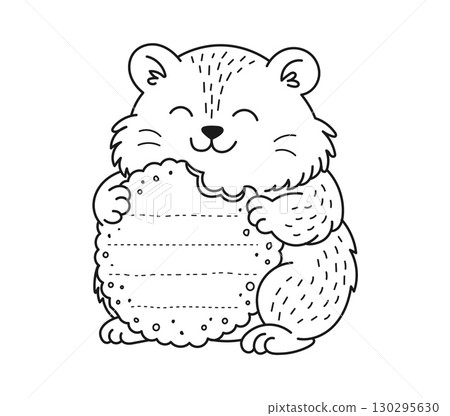 Hamster with cookie cheerful animal kids memo note template. Happy wild animal diary vector page, kids memo note frame. Child schedule or scrapbook list with hamster cheerful character eating cracker 130295630