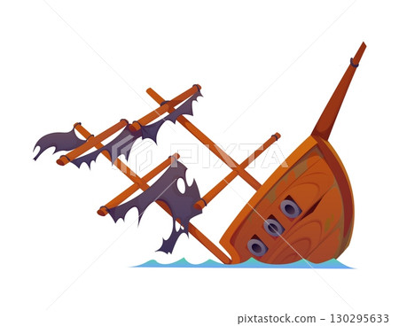 Cartoon half sunken pirate ship with tattered black sails and broken masts, leaning into the sea waves. Isolated vector vintage boat for fantasy game, nautical adventure, or treasure hunt quest 130295633