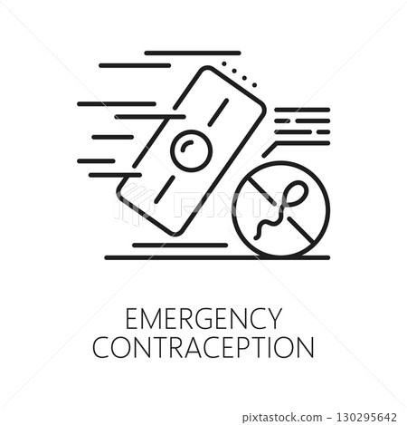 Emergency contraception method line icon or sign. Contraception method vector pictogram, birth control medicines icon. Pregnancy prevention sign with sperm and moving fast pill, drug blister 130295642