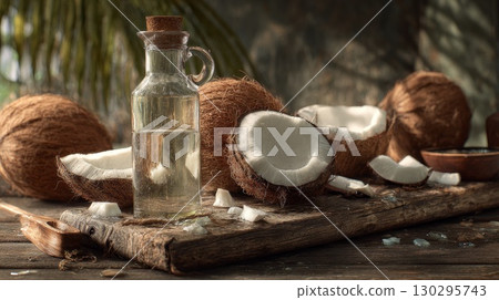 Coconut oil and coconuts resting on rustic wooden board Coconut oil and coconuts resting on rustic wooden board 130295743
