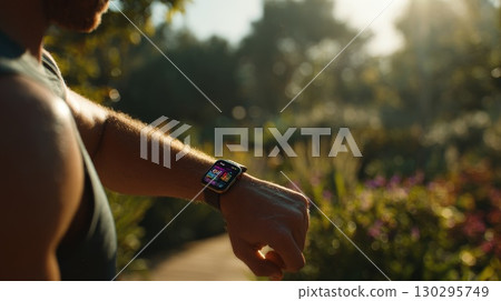 Athlete checking smartwatch during morning workout in lush green park 130295749