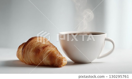 Steaming cup of coffee with freshly baked croissant for breakfast Steaming cup of coffee with freshly baked croissant for breakfast 130295761