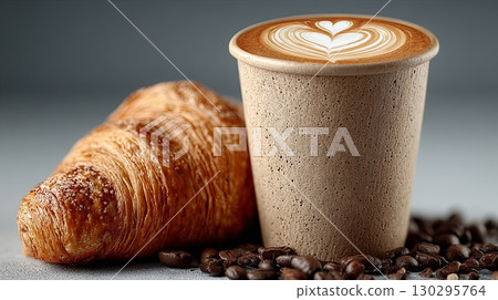 Takeaway coffee, delicious croissant, and coffee beans creating a tempting breakfast scene 130295764