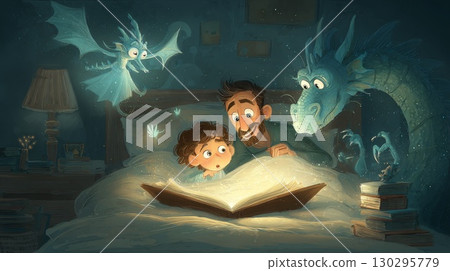 Father reading a fantasy book to son with dragons appearing from pages 130295779
