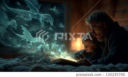Father and son reading a fantasy book with dragons coming to life 130295780