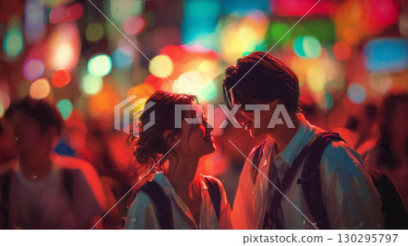 晚上，一對幸福的夫婦在日本繁忙的街道上行走 130295797