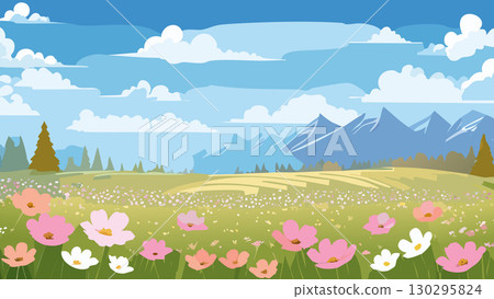 Autumn grasslands and cosmos fields spreading across the hills 130295824