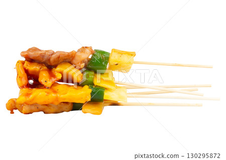 Grilled Barbecue Skewers on Plate with White Background Grilled Barbecue Skewers on Plate with White Background 130295872