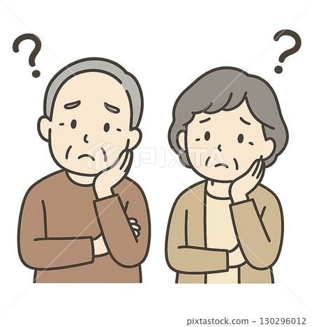 Illustration of a thoughtful elderly couple (doubts, worries, anxiety) 130296012