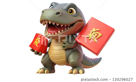 Giganotosaurus on the Chinese theme, isolated on a transparent background PNG, full size, cute cartoon. 130296027