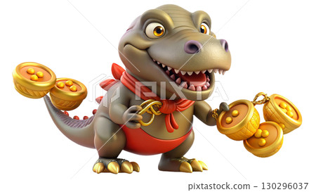 Giganotosaurus on the Chinese theme, isolated on a transparent background PNG, full size, cute cartoon. 130296037