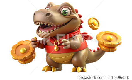 Giganotosaurus on the Chinese theme, isolated on a transparent background PNG, full size, cute cartoon. 130296038