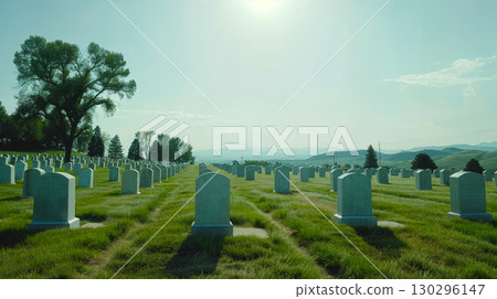 Tranquil view of white tombstones at u.s. air force cemetery with lush greenery 130296147