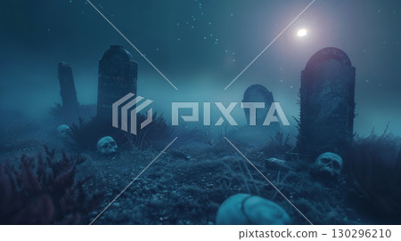 Eerie graveyard under foggy night sky with tombstones and skulls 130296210