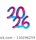 Dynamic 2026 typography with colorful brush strokes in diagonal layout. Modern festive lettering for New Year greeting cards, posters, banners and holiday projects. 130296259